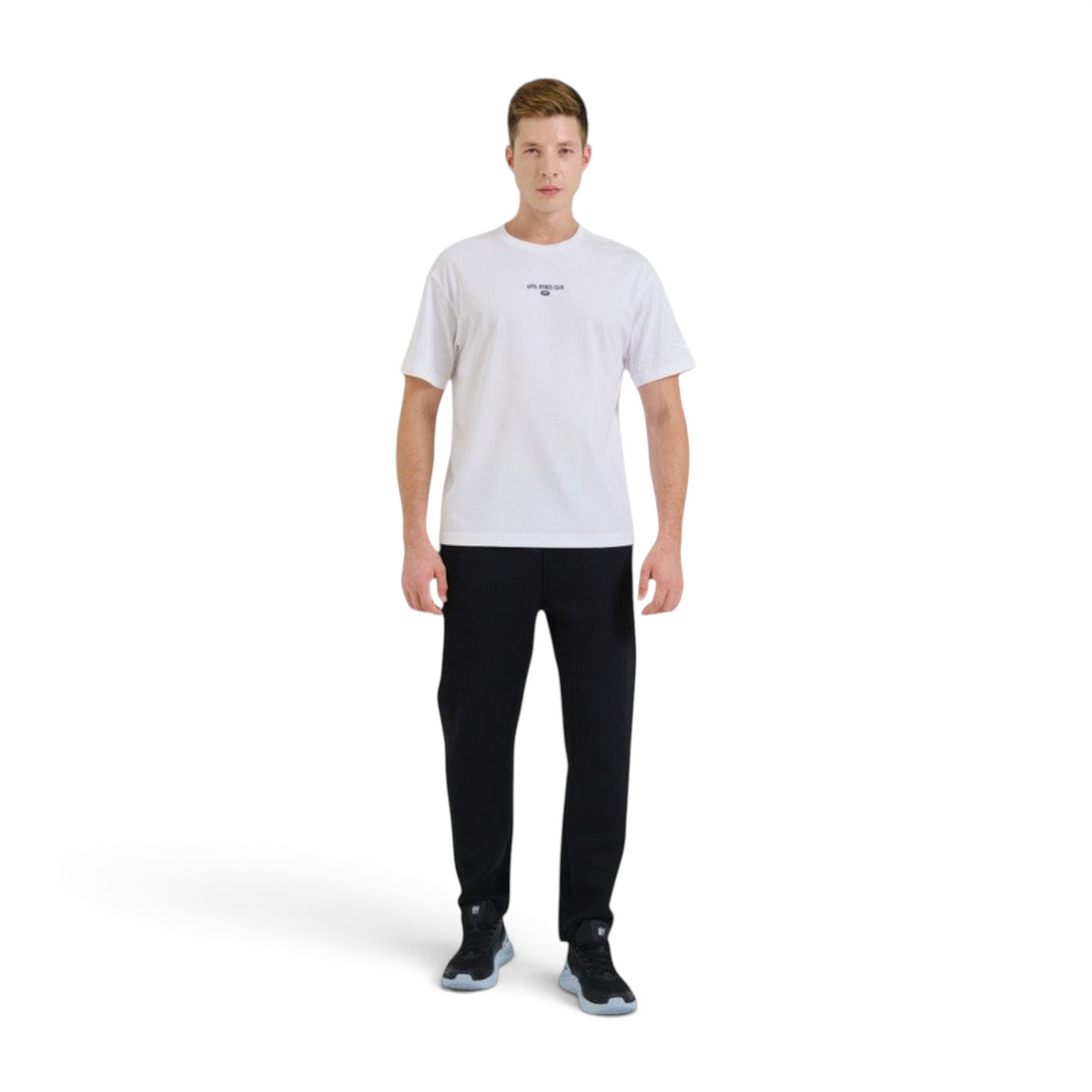FRG ANTA white short sleeve lifestyle t-shirt with A-CHILL TOUCH technology worn by a male model