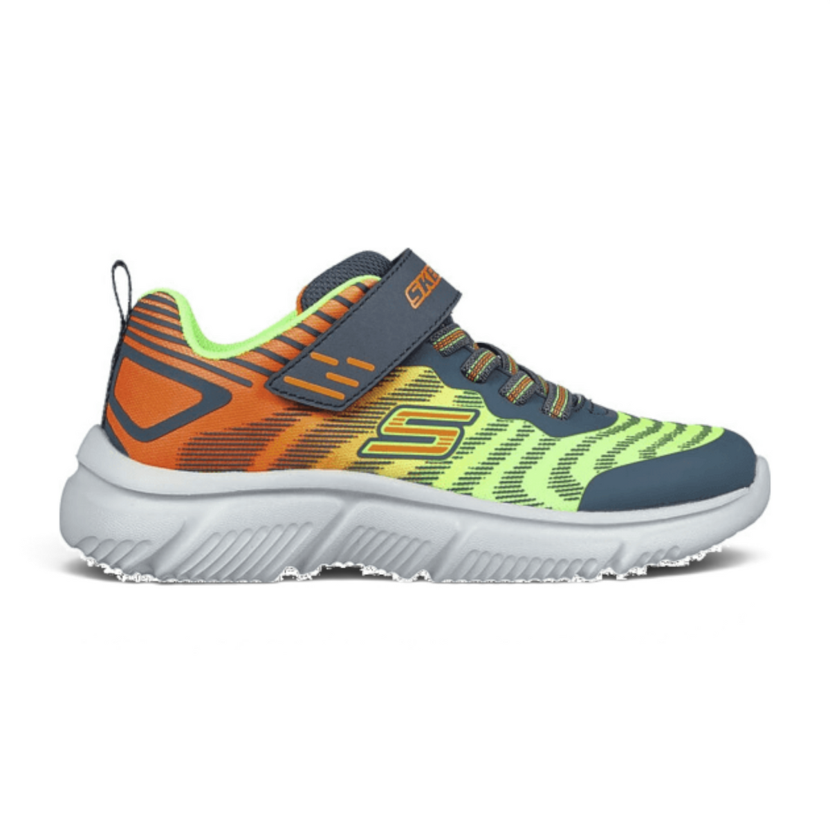 FRG GO RUN 650 kids running shoe in orange and lime green with a grey strap and white cushioned sole