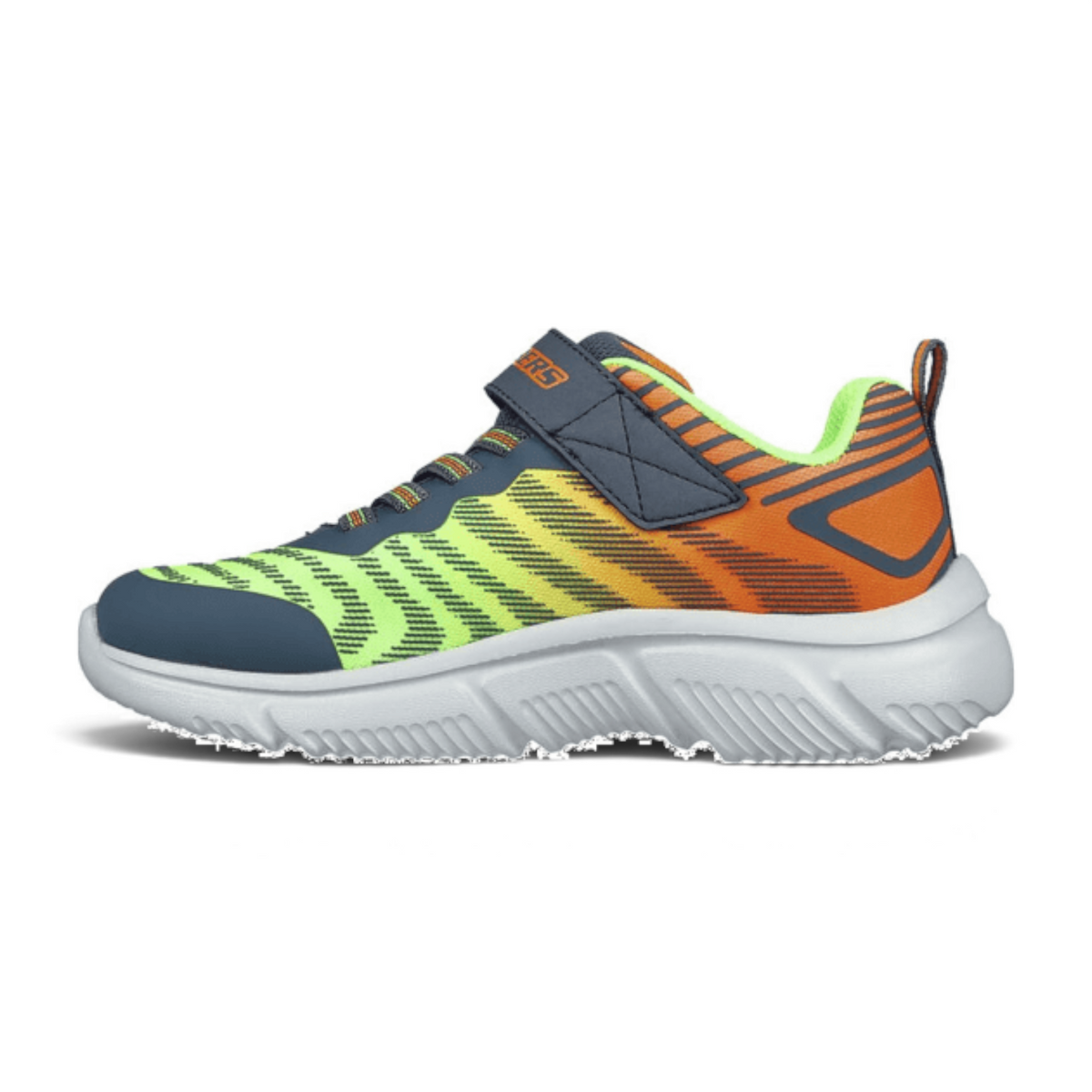FRG GO RUN 650 kids running shoe with a lime green and orange gradient mesh upper and white cushioned sole