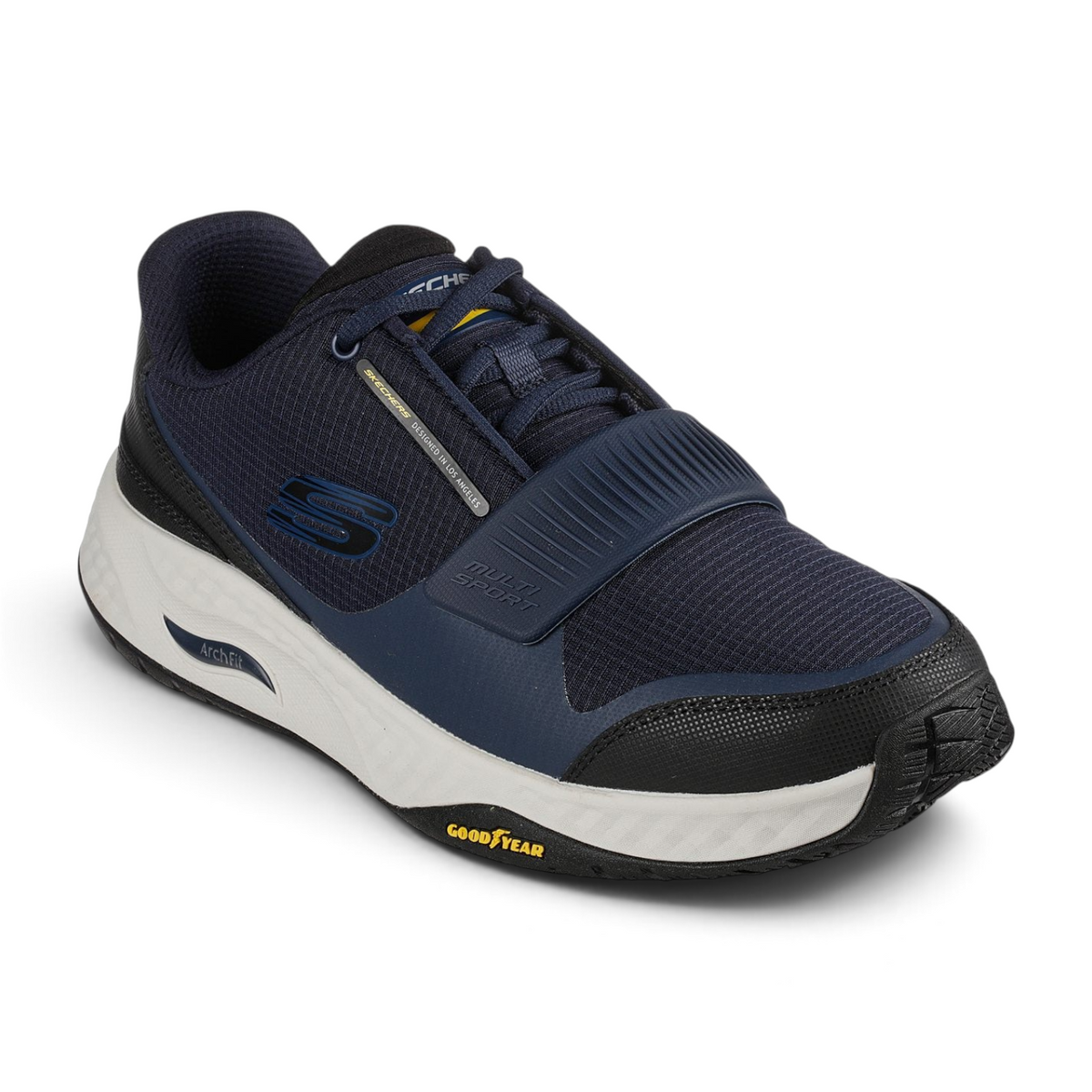 FRG Arch Fit Multi Sport navy blue athletic sneaker with mesh upper, supportive strap, and Goodyear rubber outsole