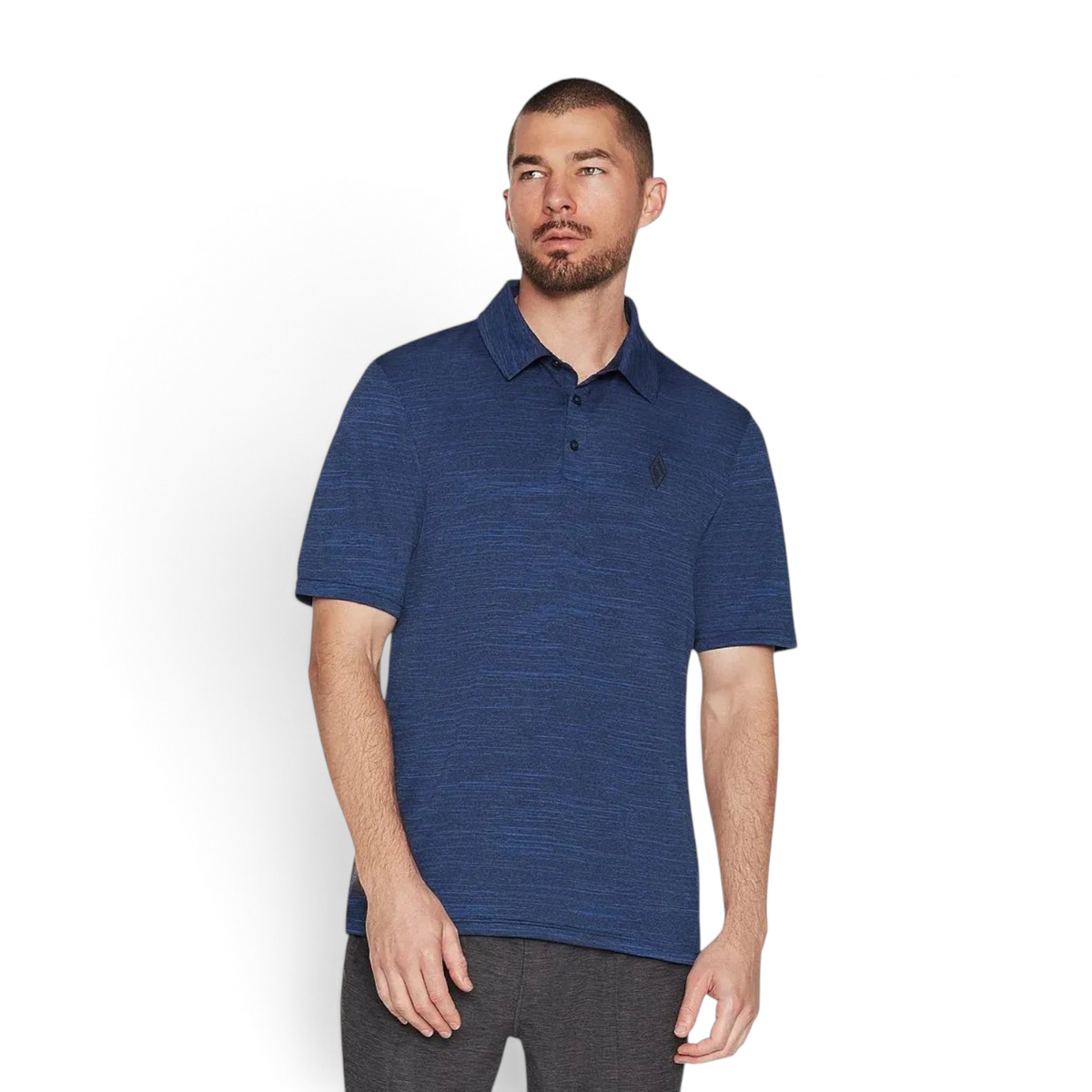 A man wearing a blue heathered FRG On The Road polo shirt with a classic collar and button placket.