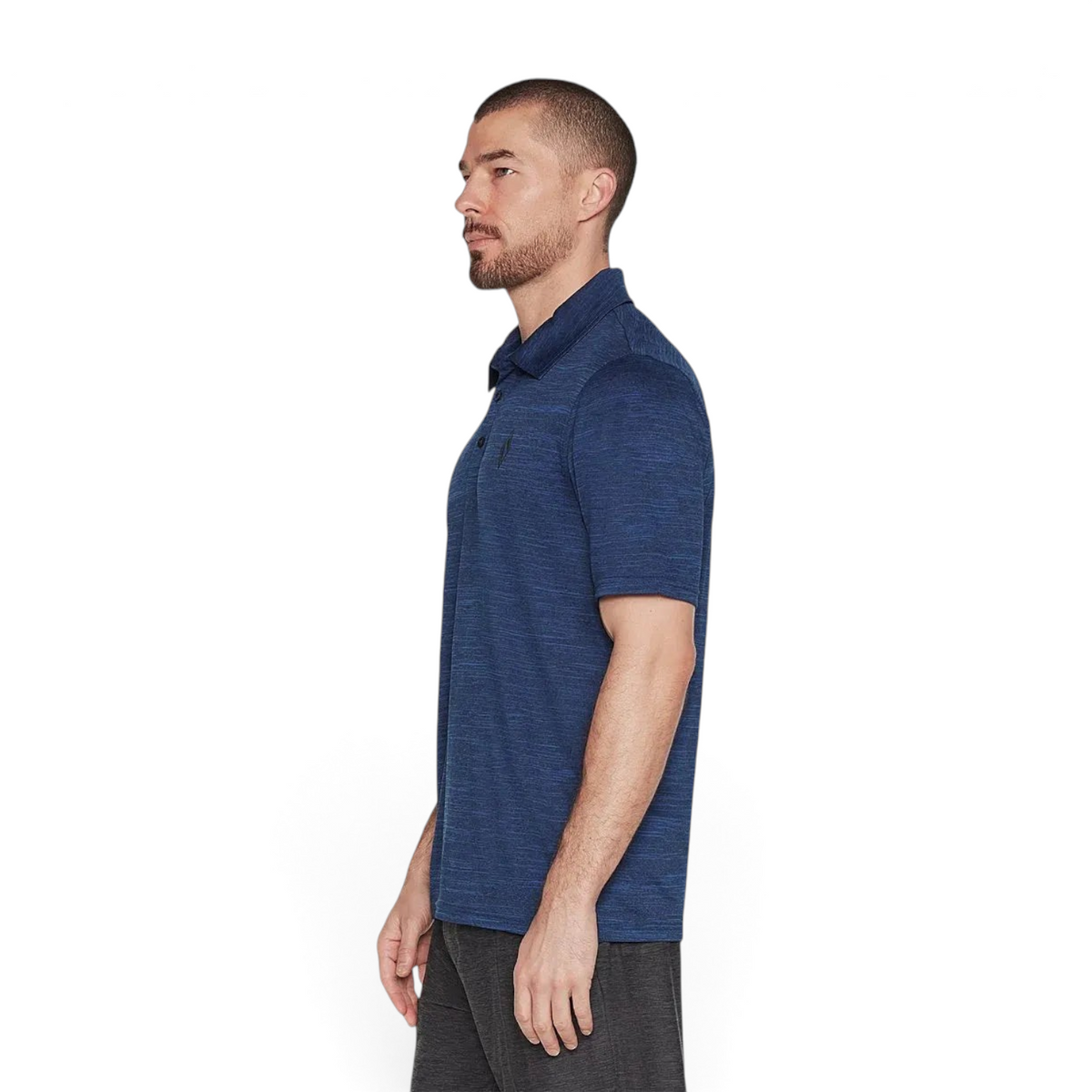FRG On The Road polo shirt in blue heathered fabric worn by a man in profile view