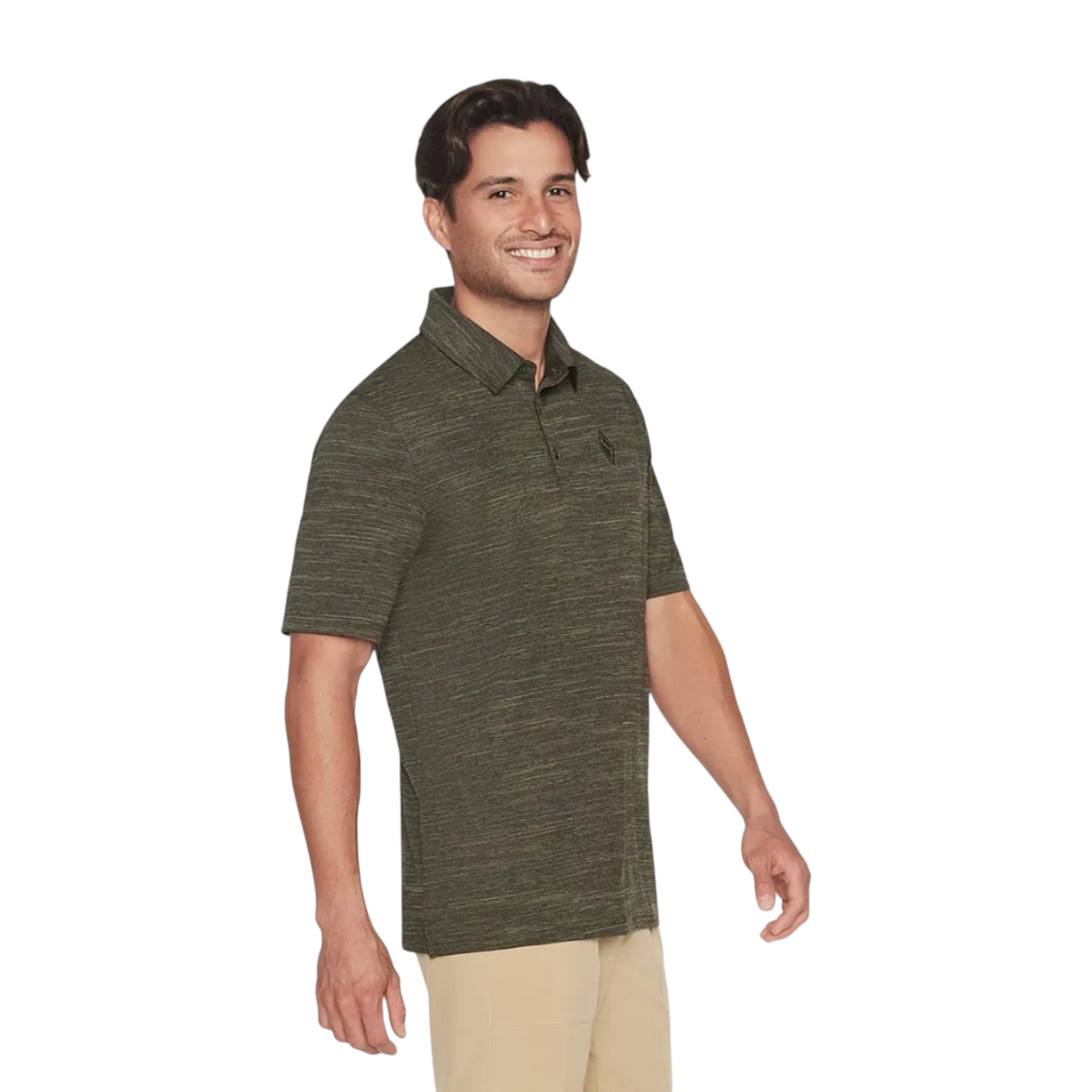 A man wearing a FRG ON THE ROAD POLO in olive green heathered fabric with a classic collar and short sleeves.