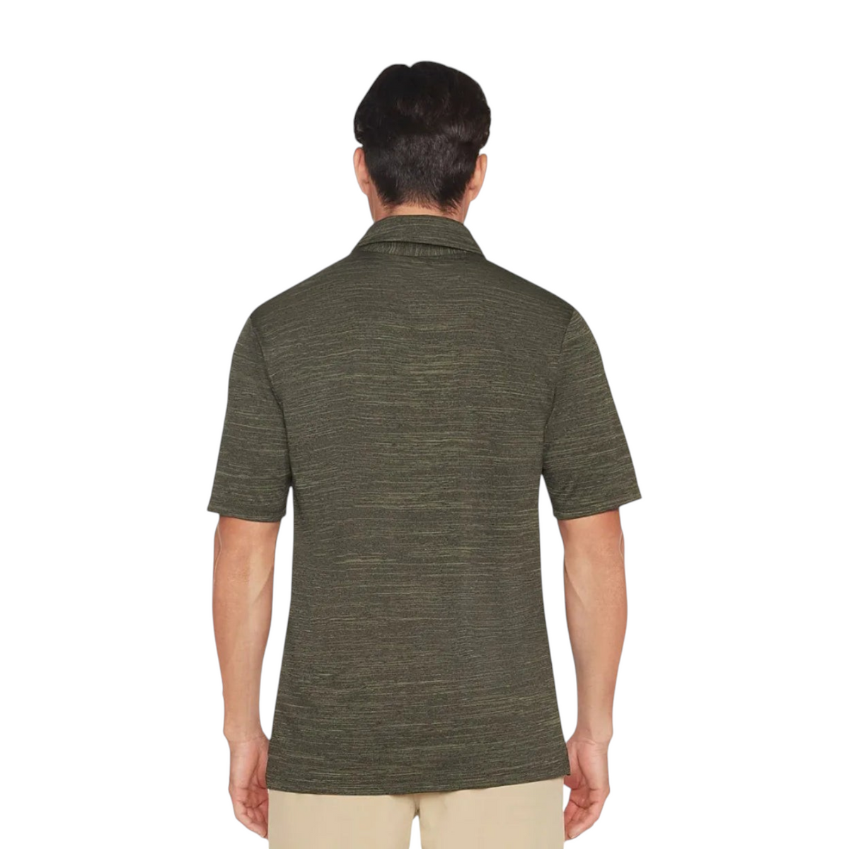 Back view of a man wearing an olive green FRG ON THE ROAD POLO shirt with a subtle heathered texture