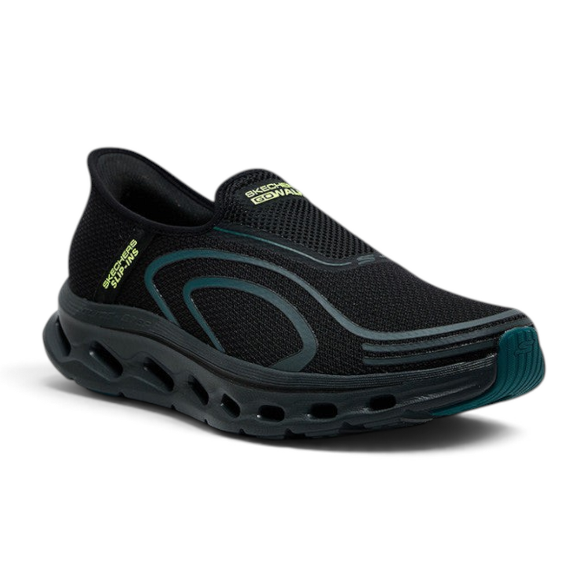 FRG Skechers GO Walk Glide-Step 2.0 black hands-free walking shoe with lime green accents and mesh upper