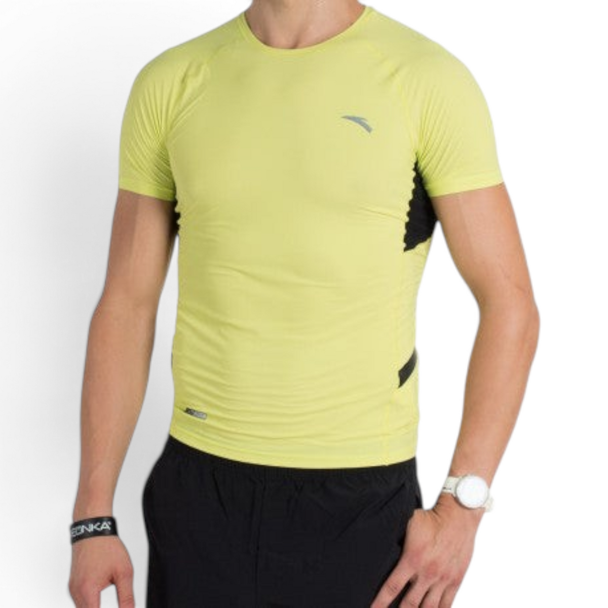 FRG lime green tight-fit short sleeve training top made from nylon and spandex with black side panel detailing