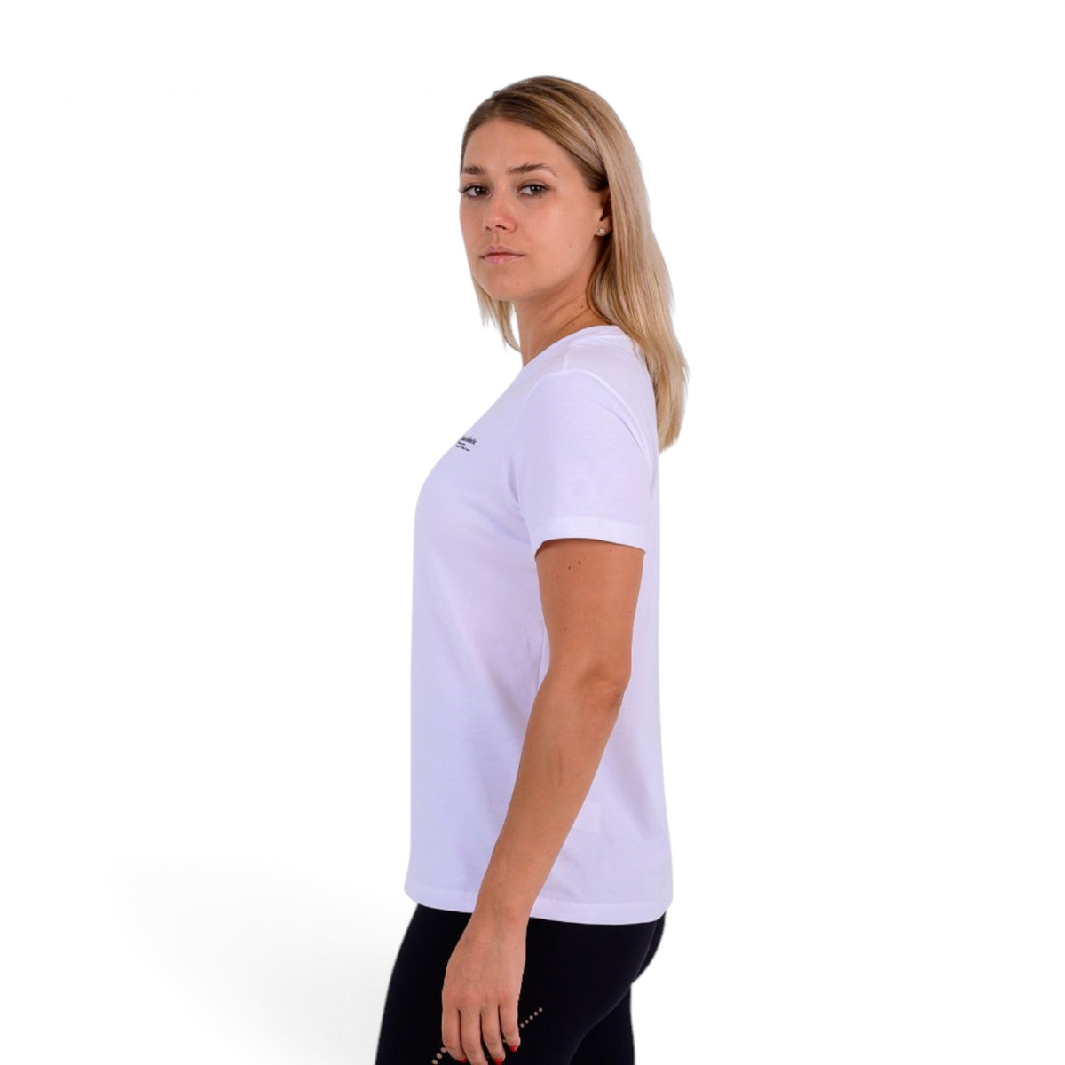 FRG Anta white cotton blend cross-training t-shirt worn by a woman in a side profile view