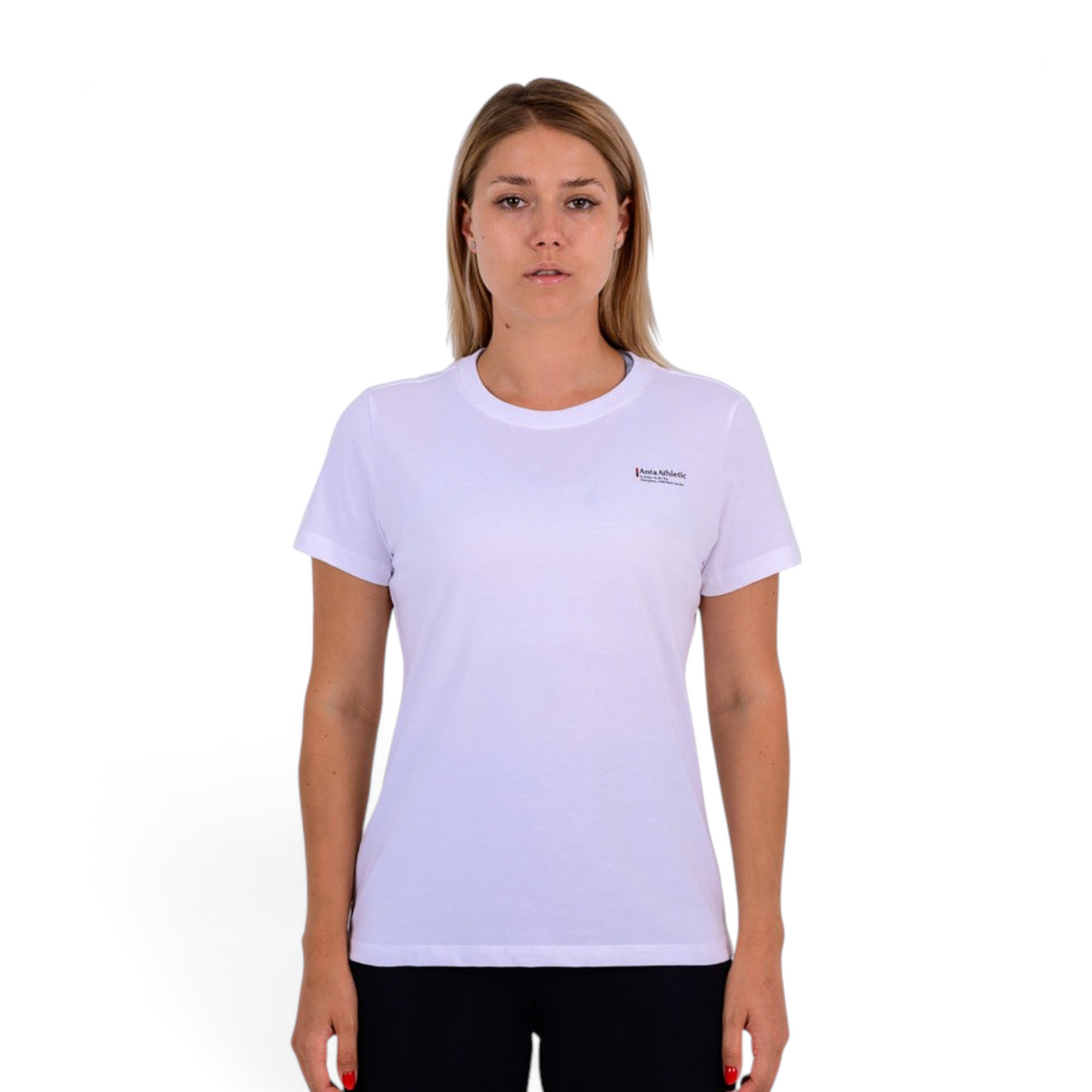 FRG Anta women's white regular fit cross-training t-shirt in a cotton-polyester blend worn by a blonde model