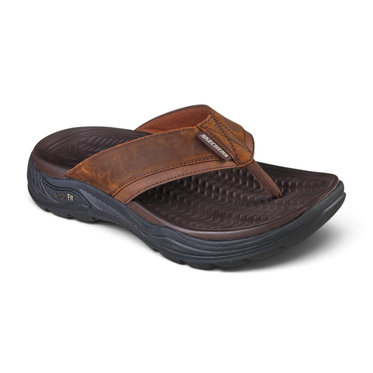 FRG Skechers Arch Fit Motley SD Malico dark brown leather thong sandal with cushioned arch support footbed