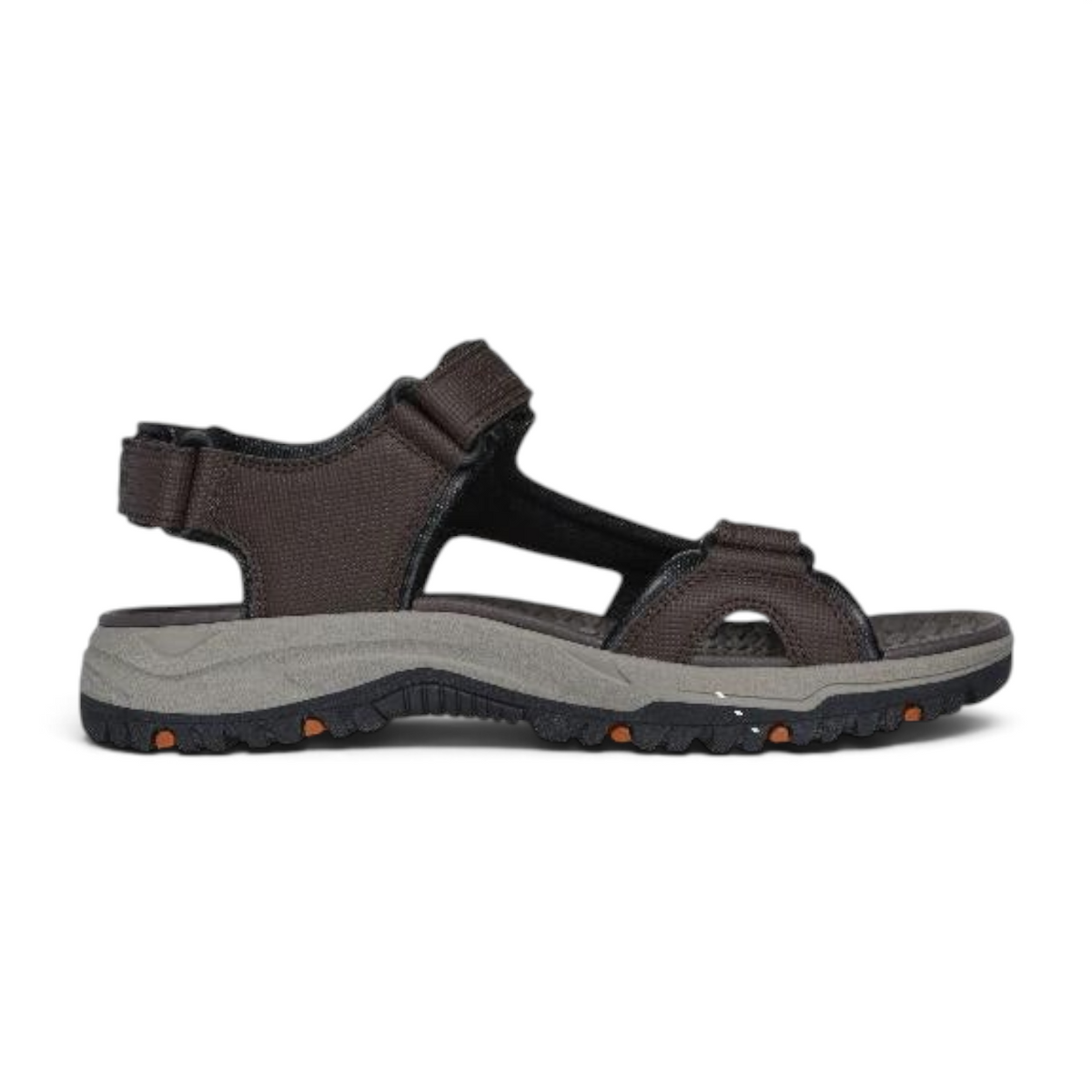 FRG Skechers Prewitt Seabeck brown synthetic leather sandal with adjustable straps and shock-absorbing Lux Foam insole