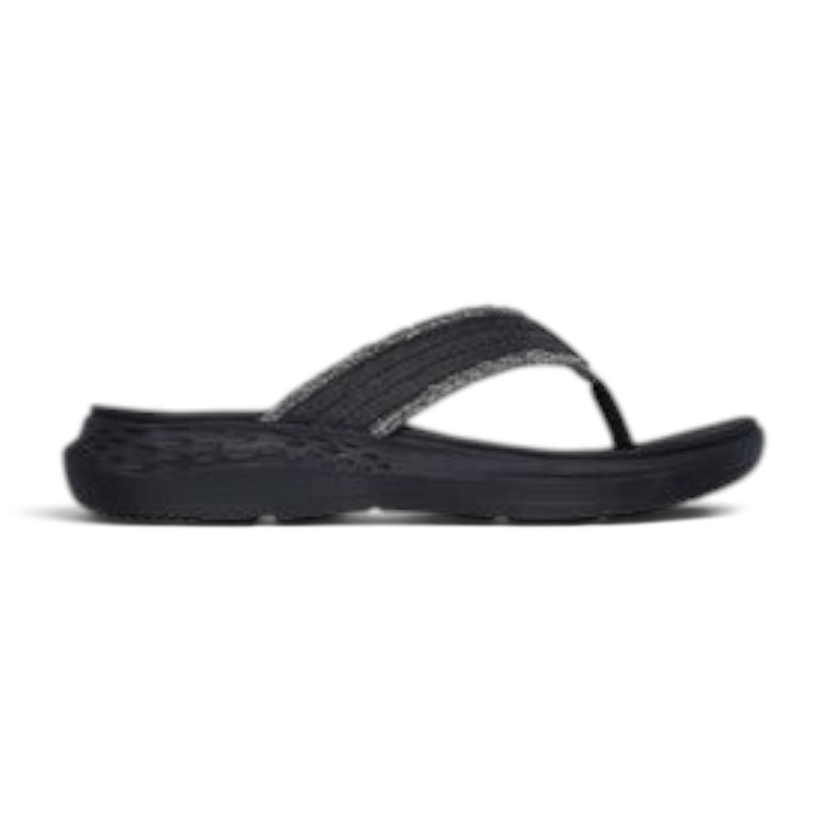 FRG Skechers Relaxed Fit Parson SD black canvas thong sandal with frayed trim and cushioned Luxe Foam footbed