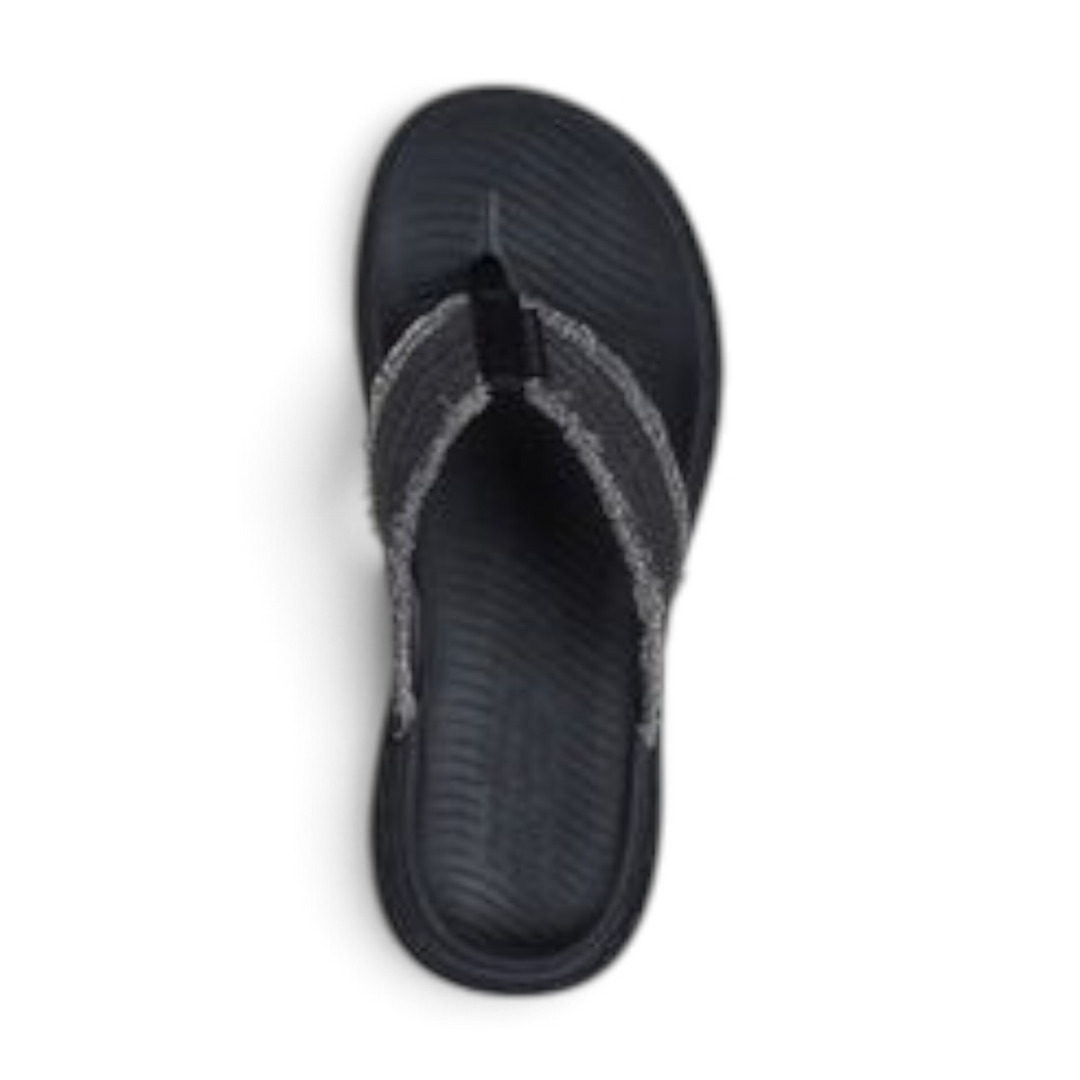 FRG Skechers Relaxed Fit Parson SD black thong sandal with frayed canvas strap and cushioned Luxe Foam footbed