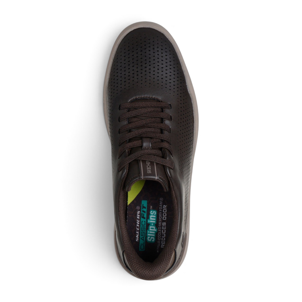 FRG OWEN CONNELL dark brown perforated leather slip-in sneakers with memory foam insoles, top-down view