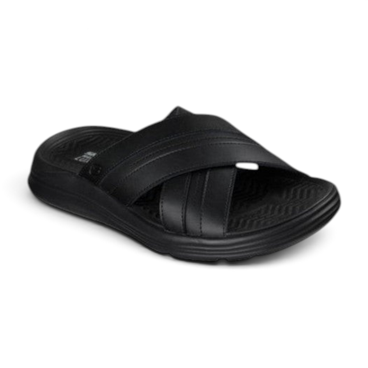 FRG Skechers Sargo men's black slide sandals with a comfortable cross-strap upper and cushioned Luxe Foam footbed.