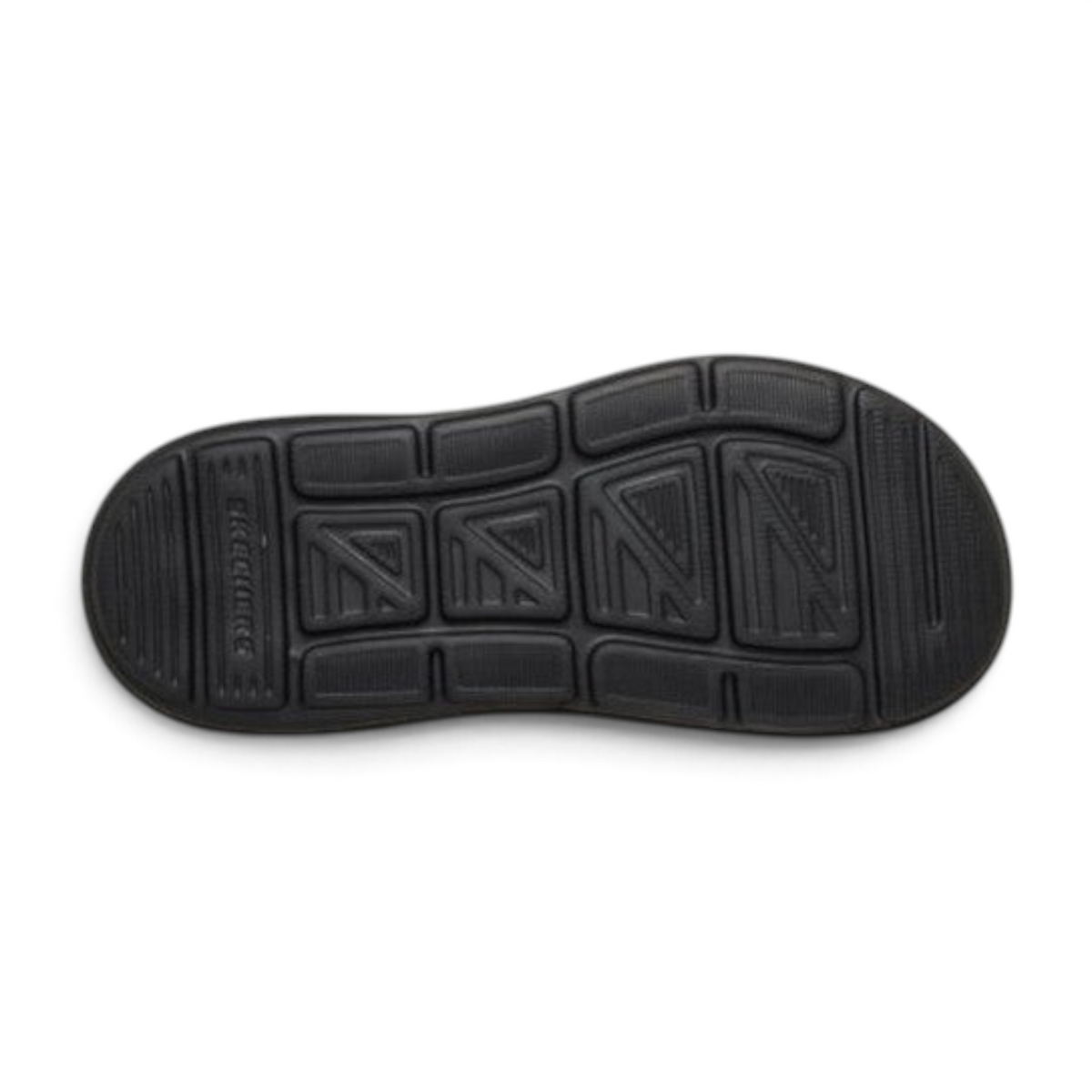 FRG Skechers Sargo black slide sandal showing the textured rubber outsole with geometric grip pattern