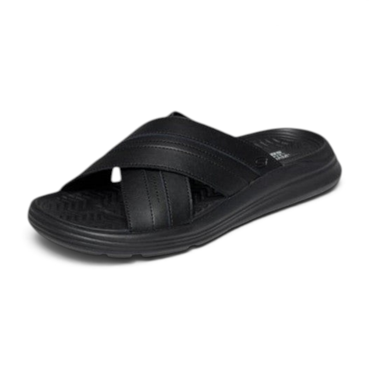 FRG Skechers Sargo men's black slide sandal with a comfortable cross-strap upper and cushioned Luxe Foam footbed