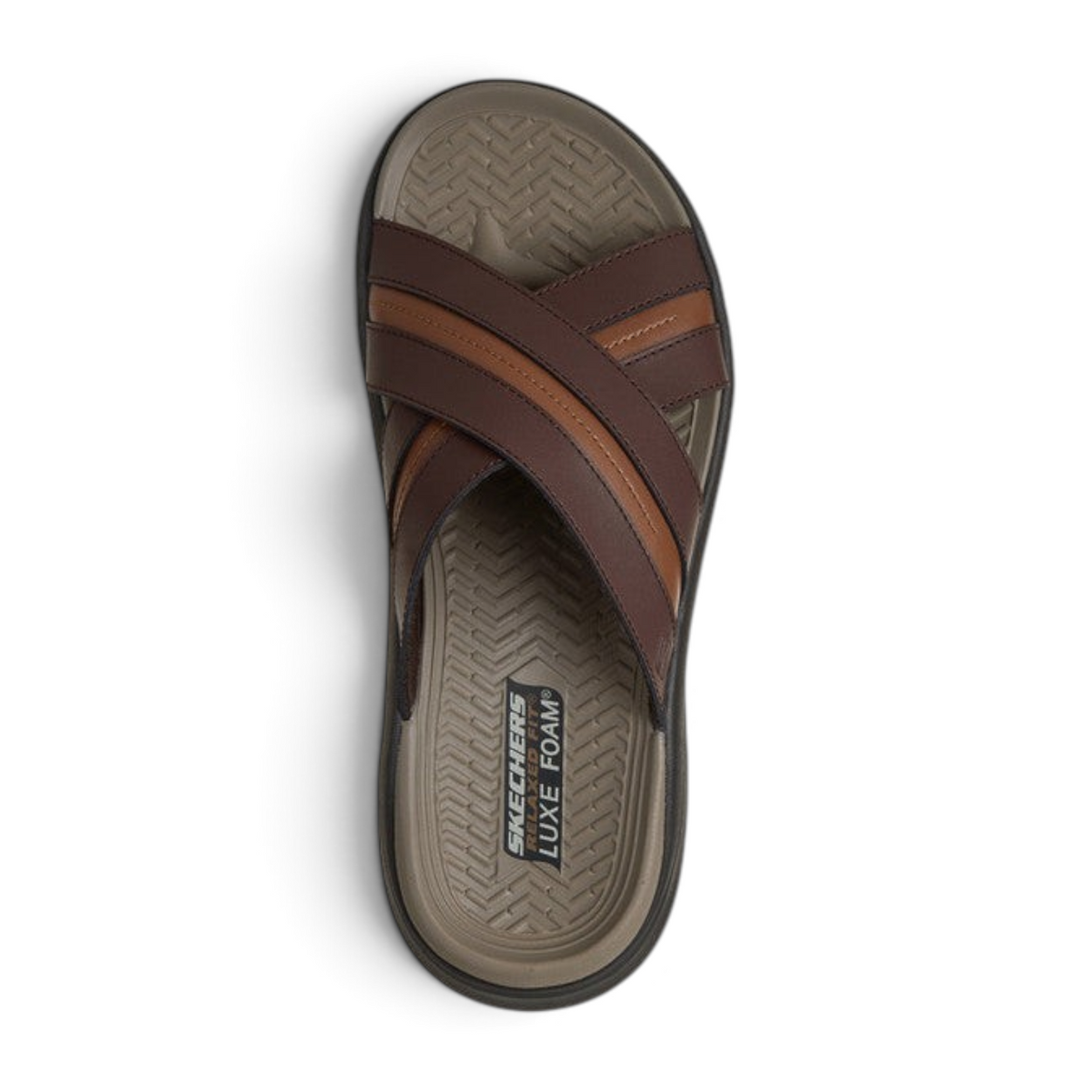 FRG Skechers Sargo men's brown slide sandal with a cross-strap upper and Luxe Foam cushioned footbed