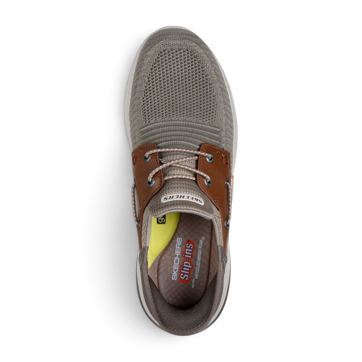 FRG Skechers Delson 3.0 Roth taupe brown knit slip-in boat shoe with memory foam cushioning and top-down view.