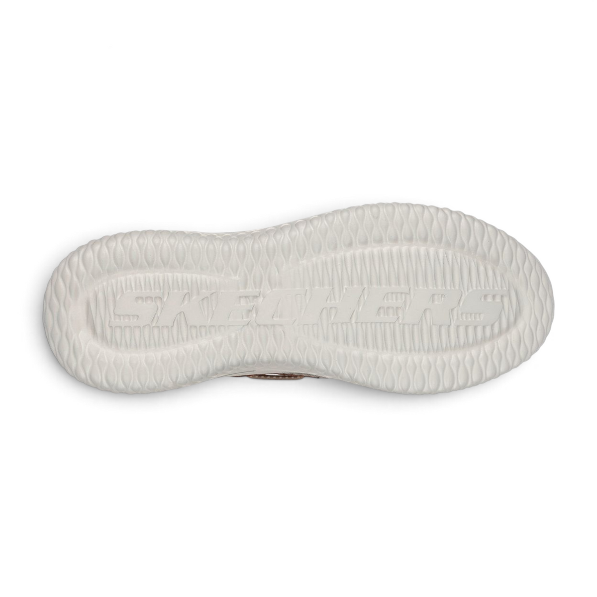 FRG Skechers Delson 3.0 Roth taupe brown slip-in shoe showing the white textured rubber outsole with logo branding