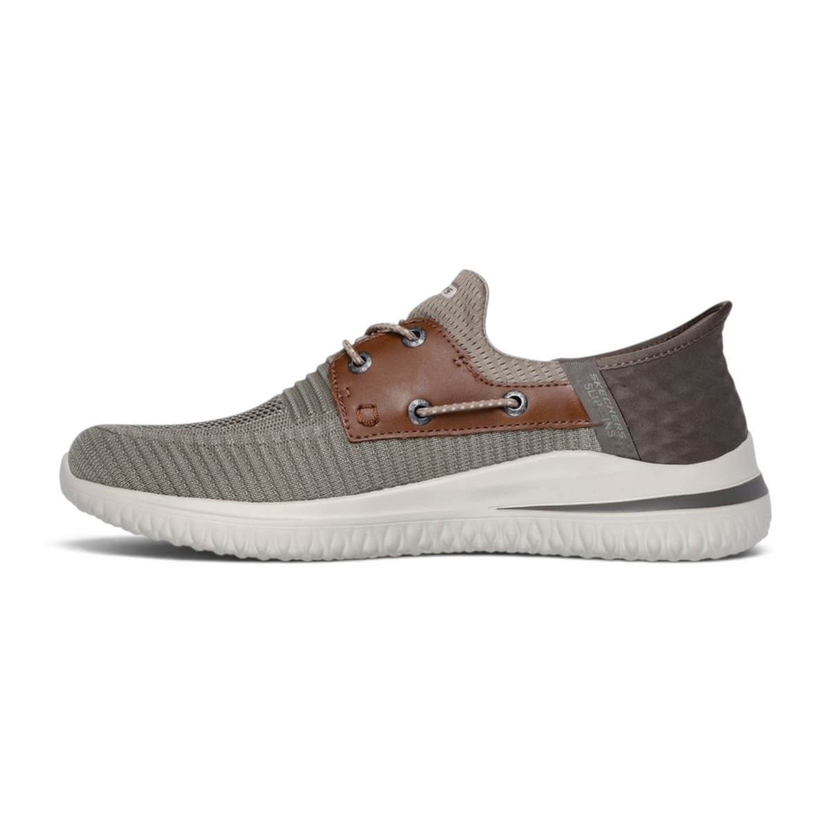 FRG Skechers Delson 3.0 slip-in boat shoe in taupe brown with knit upper and memory foam cushioning