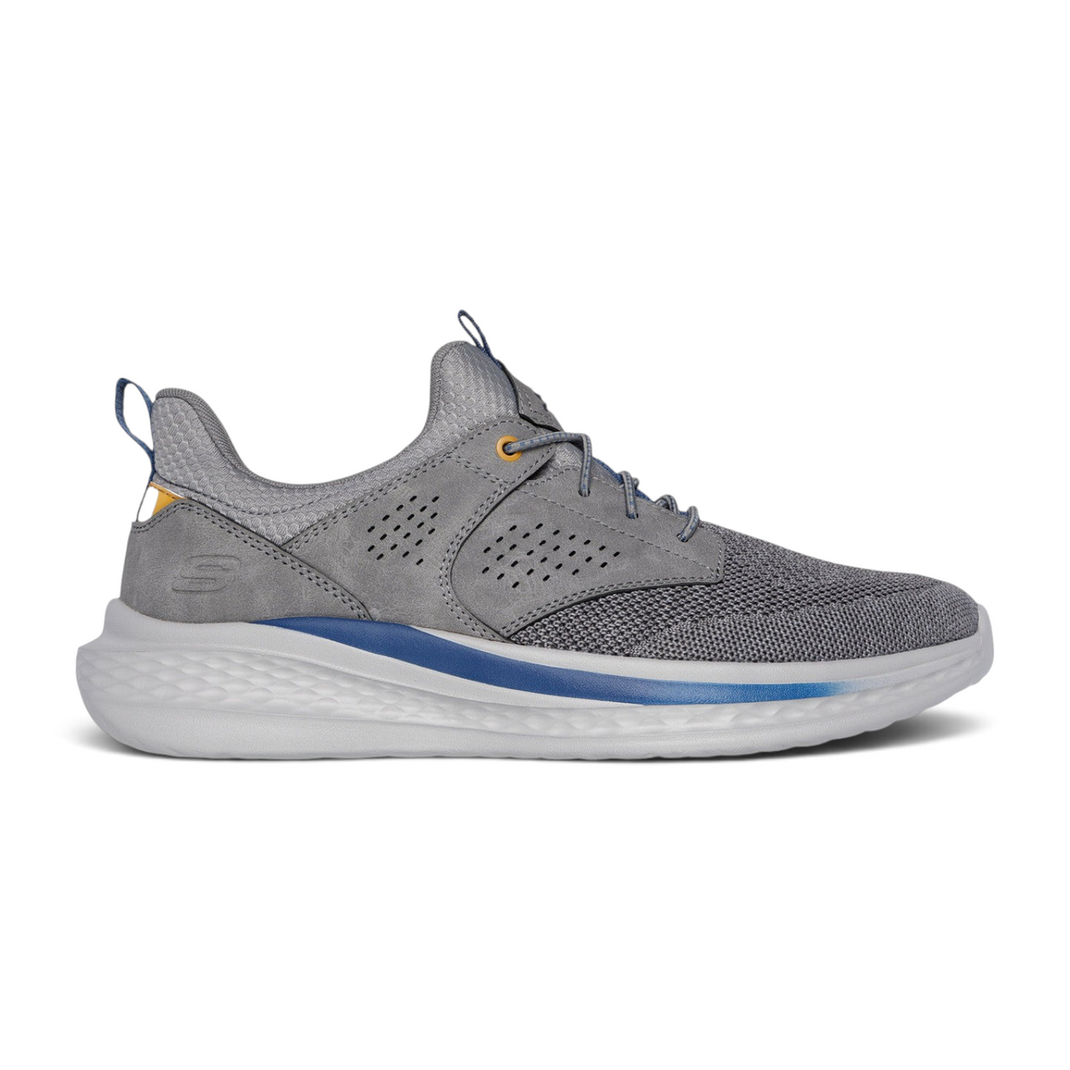 FRG Skechers Slade Breyer gray vegan sneaker with mesh and synthetic upper, memory foam insole, and blue trim detail.