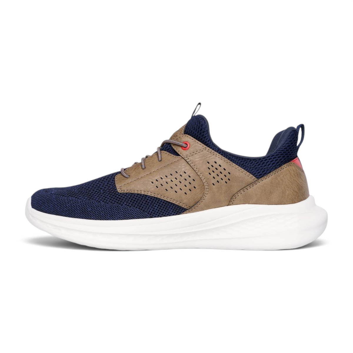 FRG Skechers Slade Breyer navy and tan vegan sneaker with mesh upper, synthetic overlays, and white cushioned sole