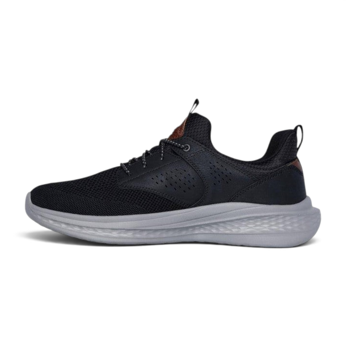 FRG Skechers Slade Breyer black vegan sneaker with mesh upper and grey cushioned sole in a side profile view