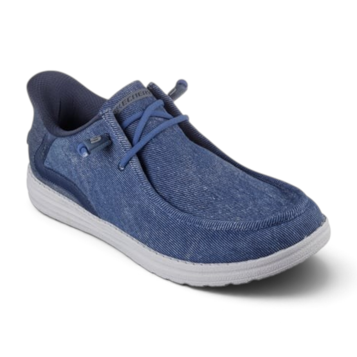 FRG MELSON CORONADO casual slip-on shoe in blue canvas with elastic laces and a white textured rubber sole