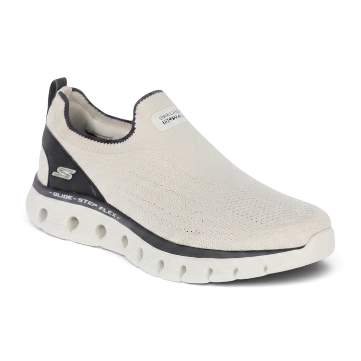 FRG Skechers Go Walk Glide-Step Flex slip-on walking shoe in white and black with textured stretch-fit upper