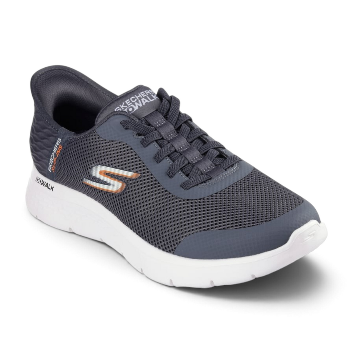 FRG Skechers GO WALK Flex Hands Up gray mesh slip-in sneakers with white cushioned midsole and heel pillow