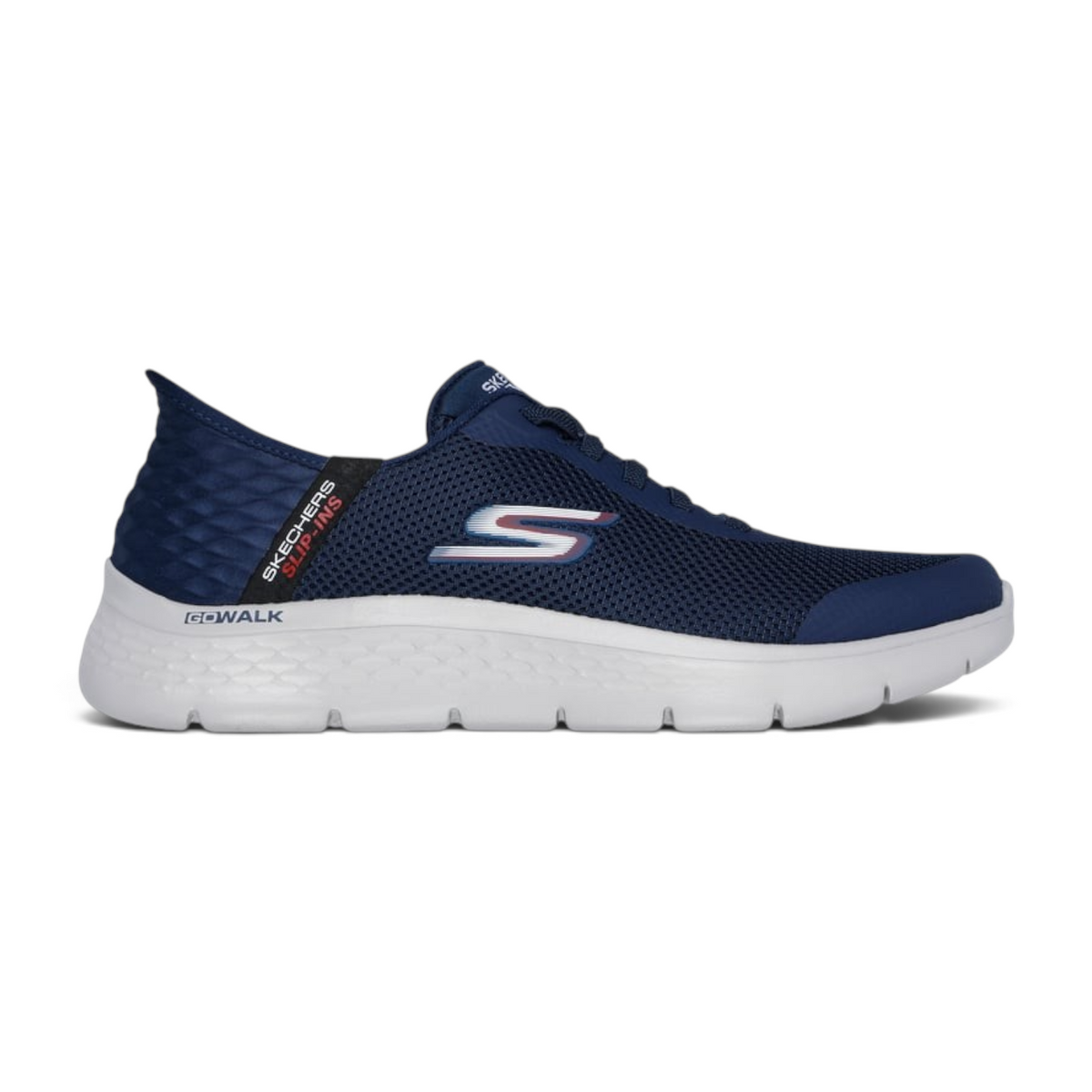 FRG Skechers GO WALK Flex Hands Up navy mesh slip-in sneakers with white cushioned midsole and heel pillow design.