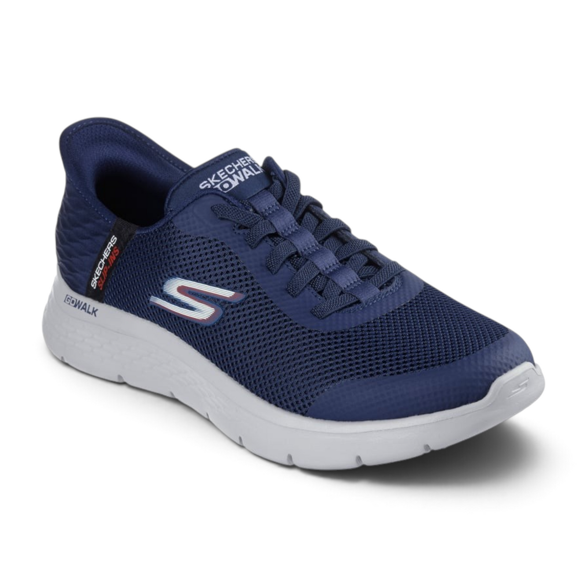 FRG Skechers GO WALK Flex Hands Up navy mesh slip-in sneakers with white cushioned midsole and stretch laces
