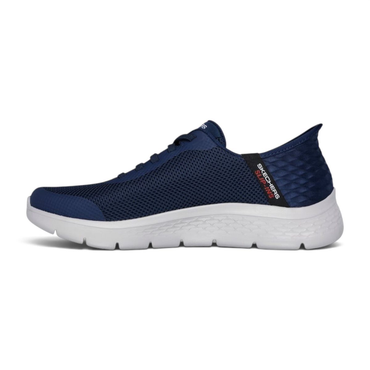 FRG Skechers GO WALK Flex Hands Up navy mesh slip-in sneakers with white cushioned midsole and heel pillow design