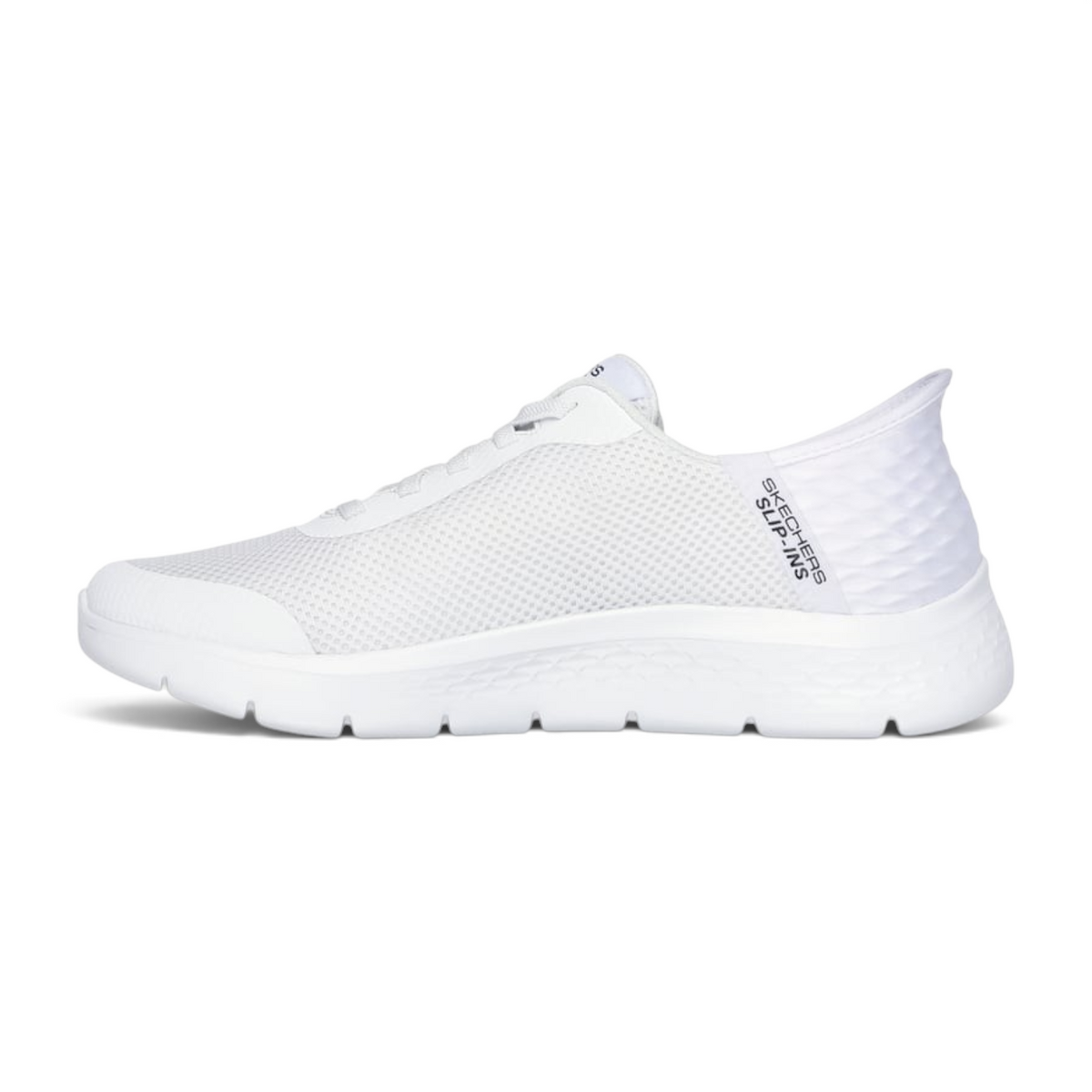 FRG Skechers GO WALK Flex Hands Up white slip-in sneakers with mesh upper and cushioned midsole, side view.