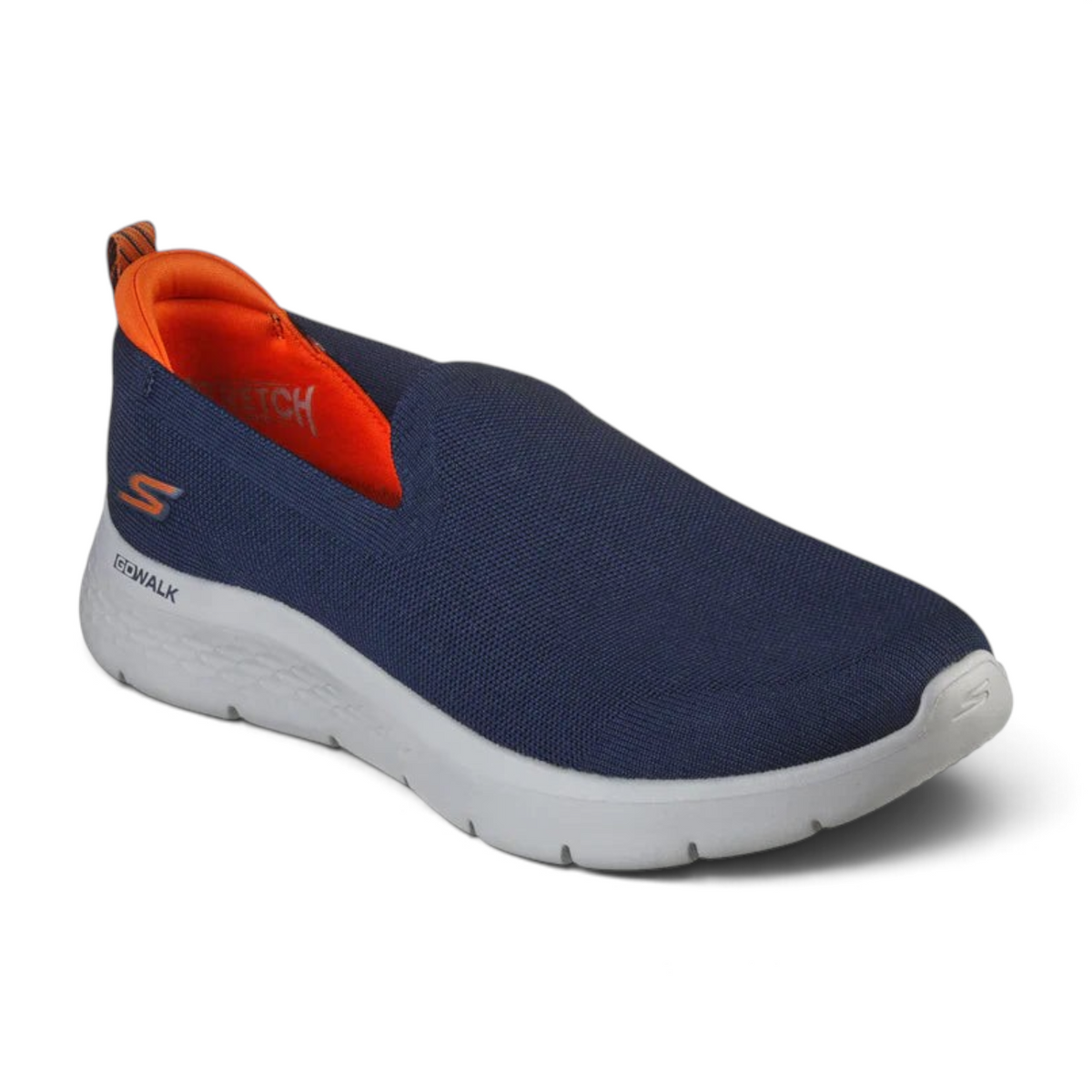 FRG GO WALK FLEX slip-on sneaker in navy blue mesh with bright orange lining and a white cushioned sole