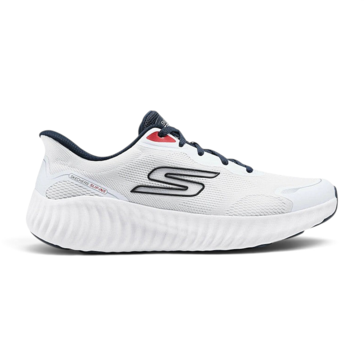 FRG Skechers GO RUN Now white and navy lightweight running shoe with breathable mesh and slip-in design