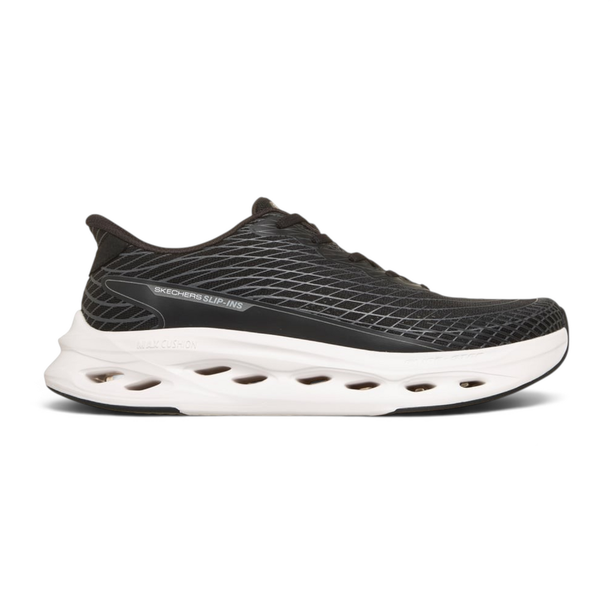 FRG Skechers Max Cushioning Glide-Step slip-in performance shoe in black and white with 3D-print monomesh upper