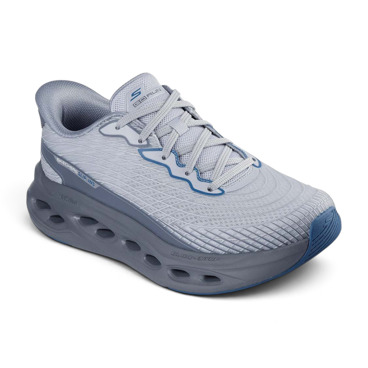 FRG Skechers Max Cushioning Glide-Step light grey slip-in performance shoe with 3D-print upper and blue accents.