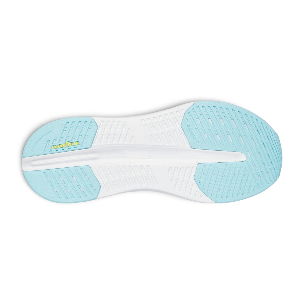 FRG Skechers Max Cushioning Glide-Step shoe outsole in white and sapphire blue with Goodyear performance rubber