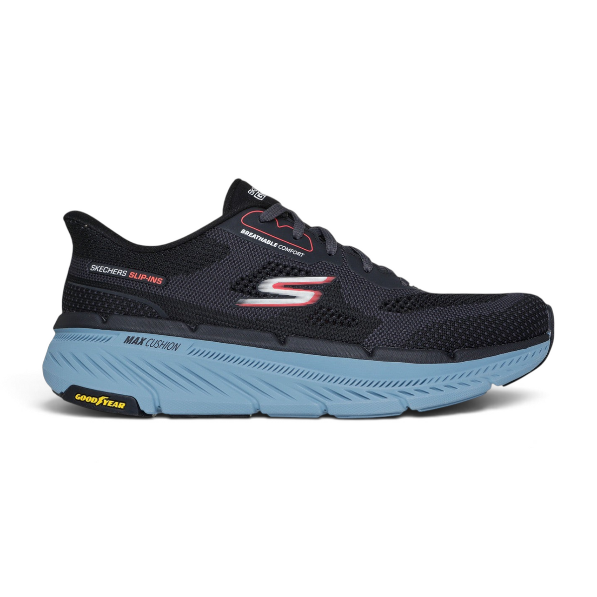 FRG Skechers Slip-ins Max Cushioning Premier 2.0 black breathable sneaker with Goodyear outsole and side logo detail.