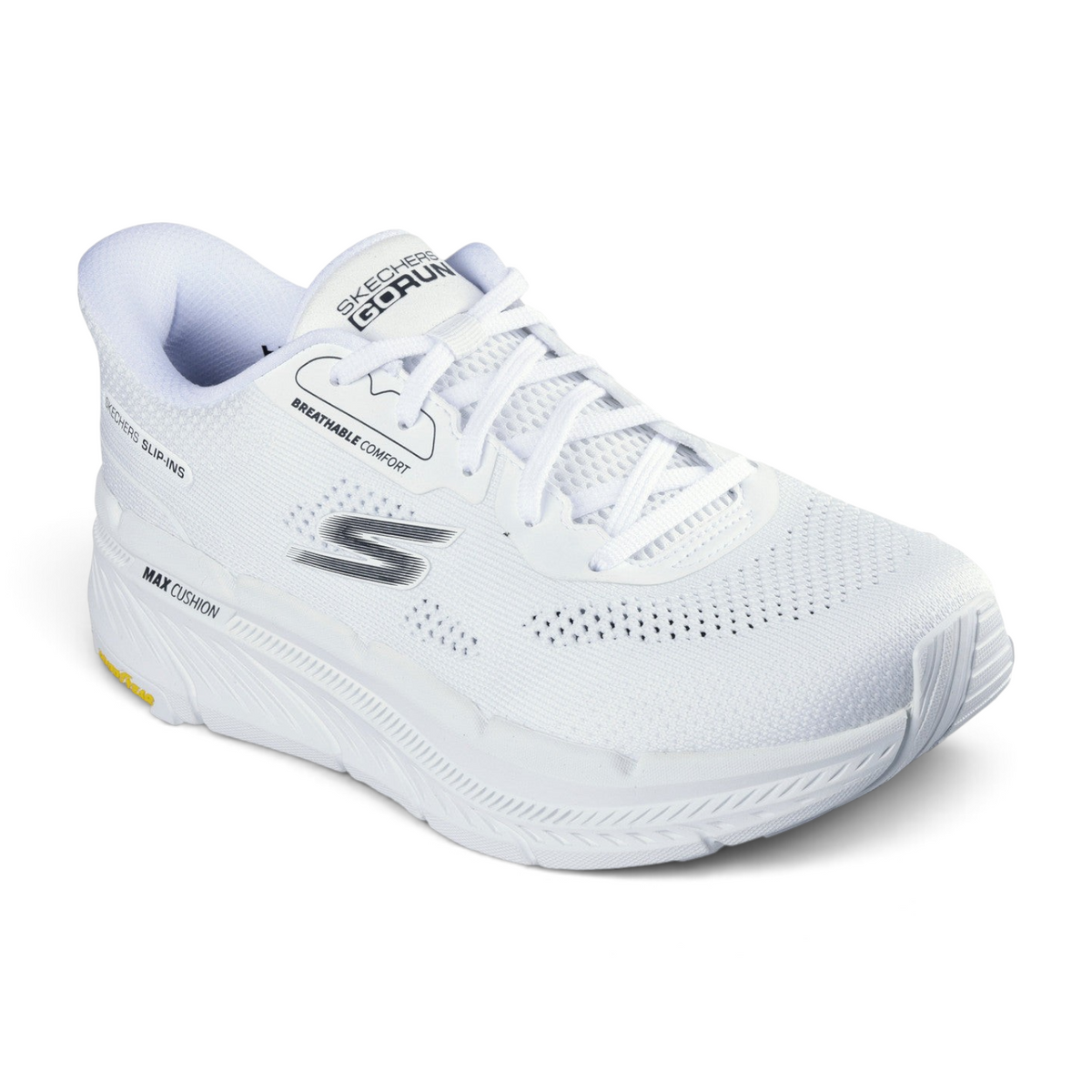FRG Skechers Slip-ins Max Cushioning Premier 2.0 white and black breathable athletic sneaker with Goodyear outsole