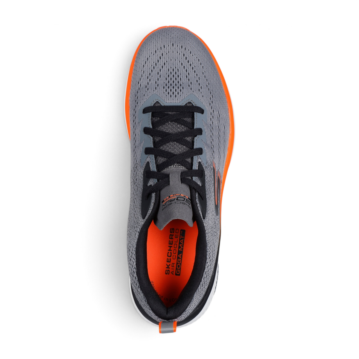 FRG GO RUN ELEVATE 2.0 Fluid Motion running shoe in grey mesh with orange accents and black laces, top view.