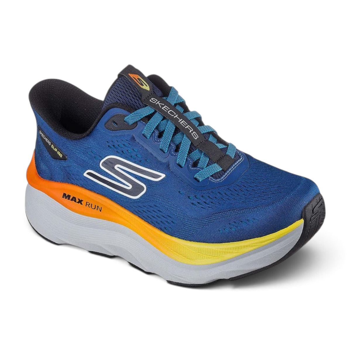 FRG Skechers Max Run navy and mint slip-in running shoe with engineered mesh upper and cushioned midsole
