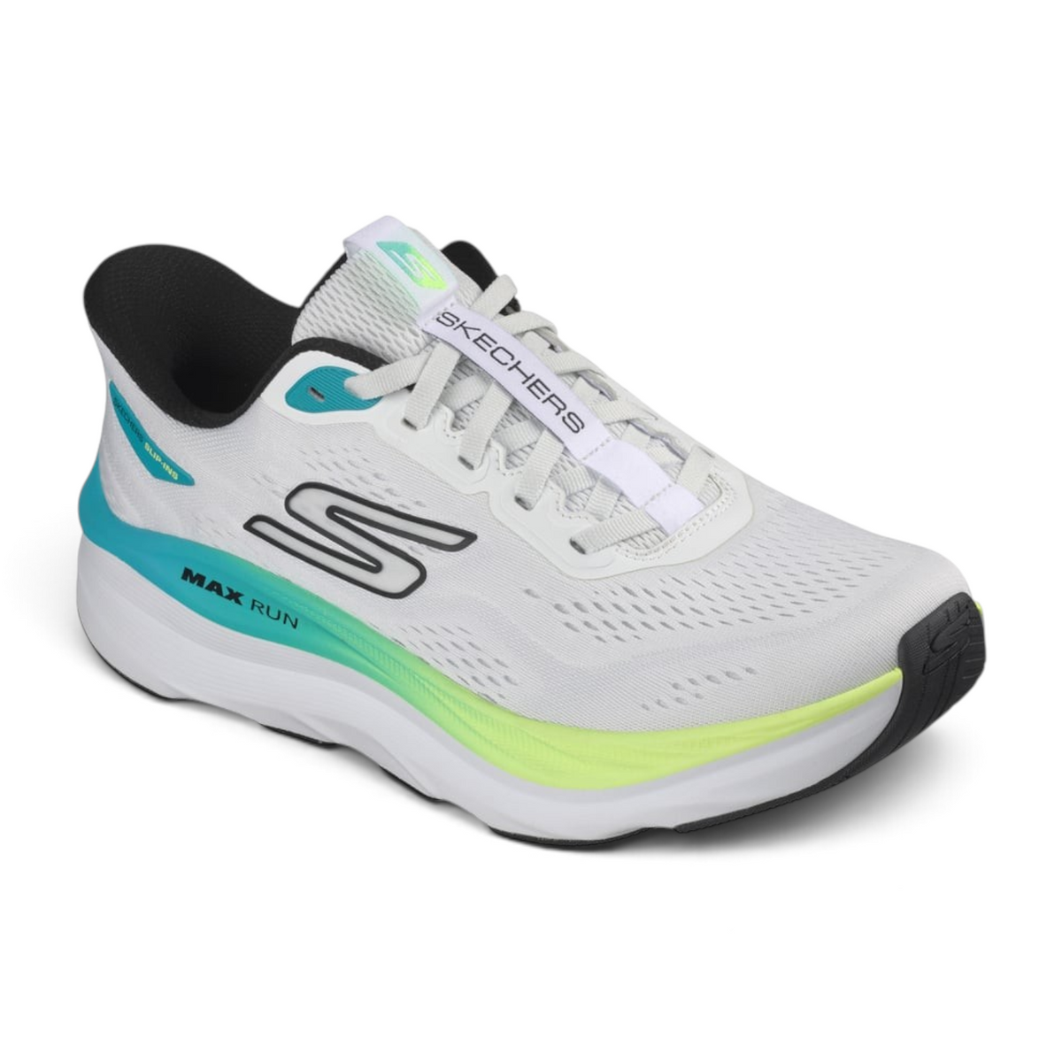 FRG Skechers MAX RUN slip-on running shoes in white with teal and neon yellow accents and breathable mesh upper