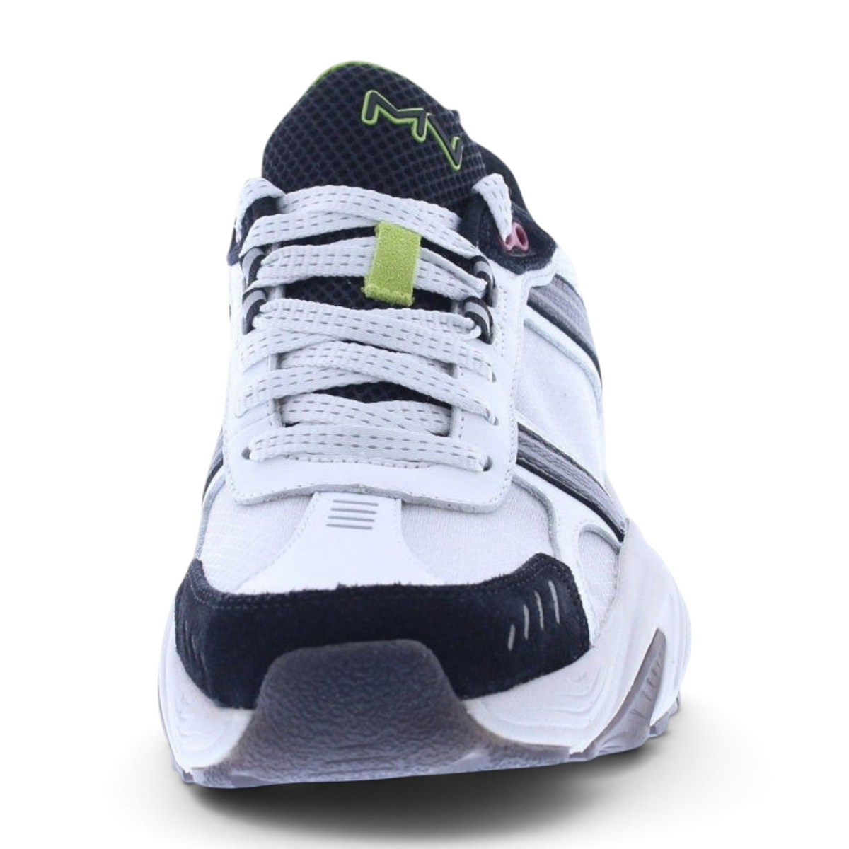 FRG KRAZ athletic sneaker in white and black with lime green accents and mesh detailing, front view