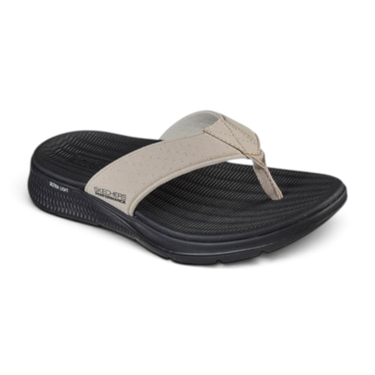 FRG Skechers Men On-The-GO GO Consistent thong sandal in beige and black with contoured Goga Mat footbed