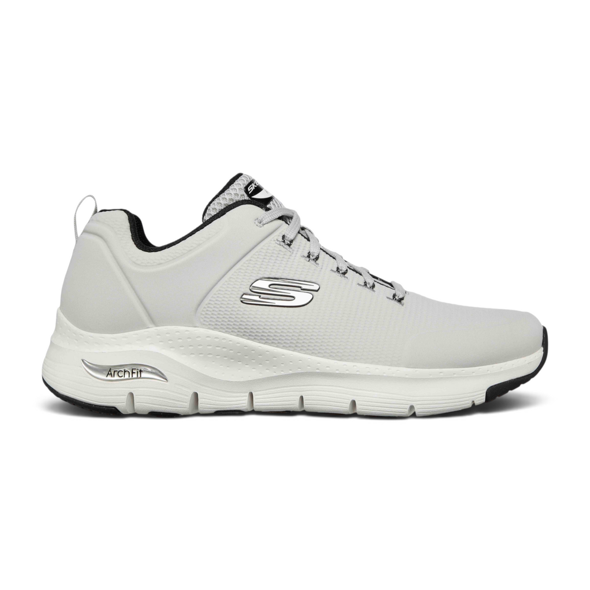 FRG Skechers Arch Fit grey mesh lace-up sneaker with cushioned midsole and podiatrist-certified arch support