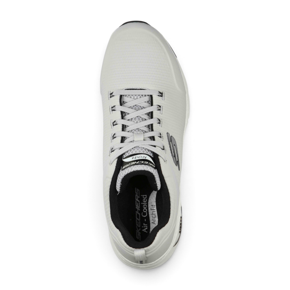 FRG Skechers Arch Fit white mesh lace-up sneaker with cushioned insole and black logo detail, top-down view.