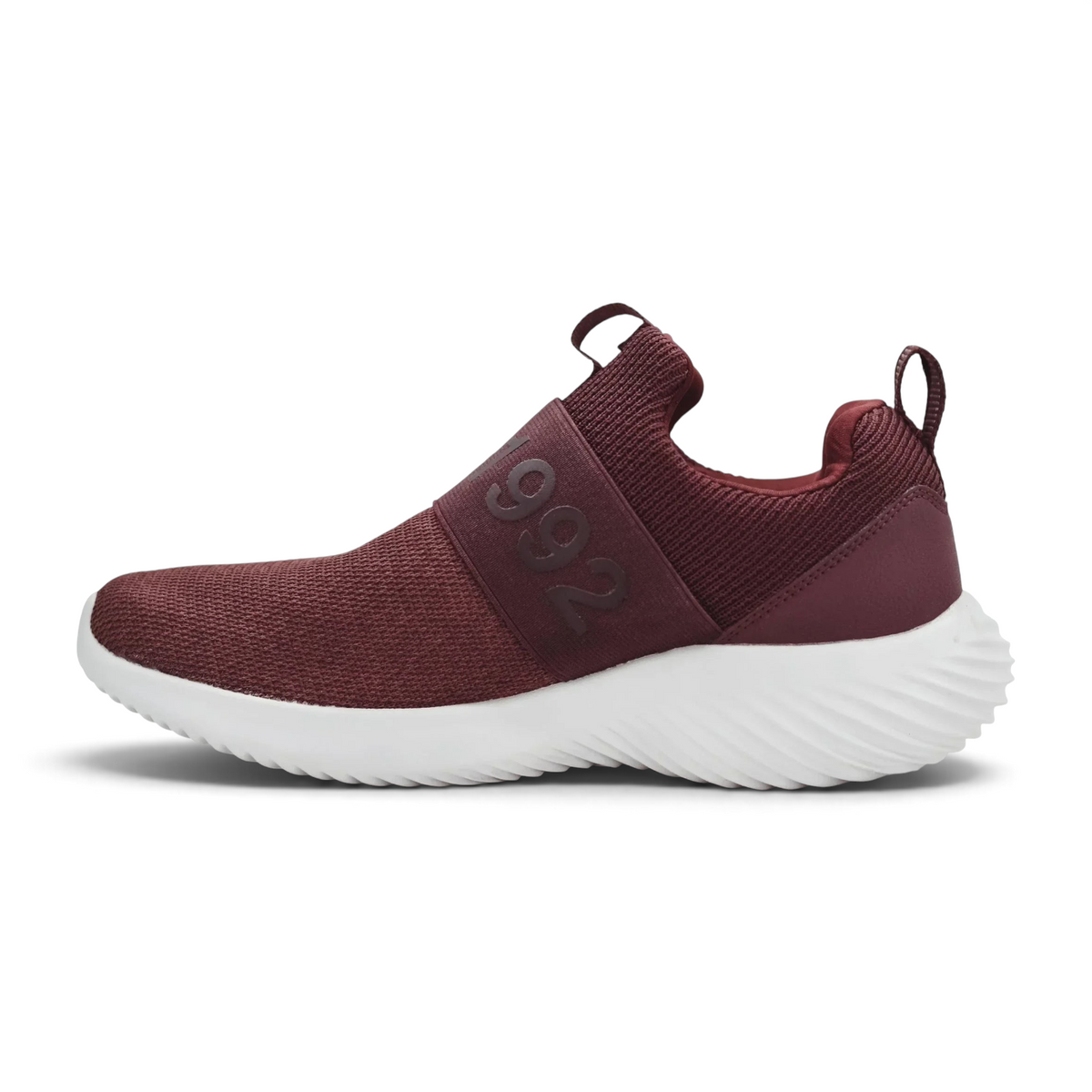 FRG BOUNDER slip-on sneaker in deep burgundy mesh with a wide elastic strap and thick white cushioned sole
