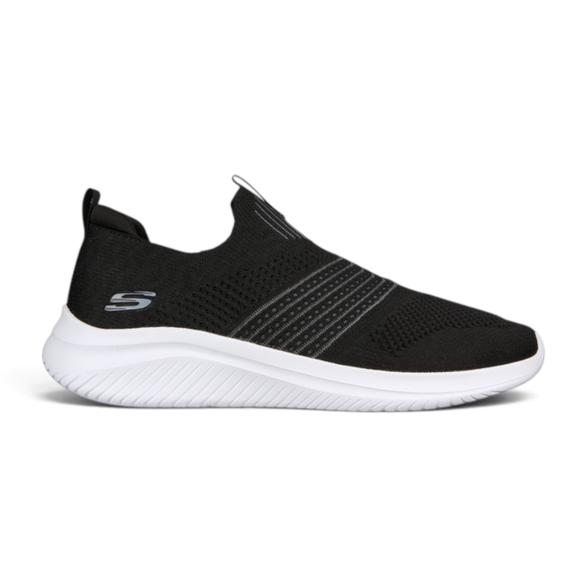 FRG Skechers Ultra Flex 3.0 black slip-on sneaker with a white cushioned sole and breathable stretch-knit upper